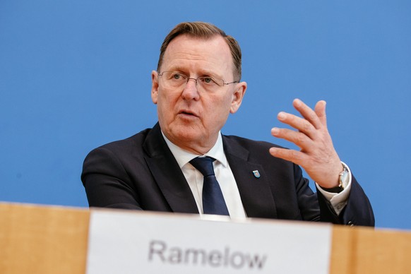 epa07956401 Prime Minister of Thuringia and top candidate of The Left (Die Linke) party for the state elections Bodo Ramelow speaks during a press conference on the result of the Thuringia state elect ...