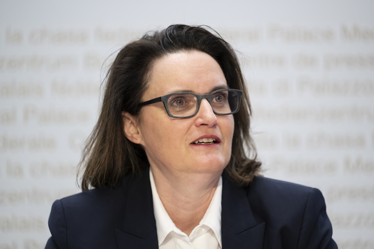 Marlene Amstad, Praesidentin des Verwaltungsrats FINMA, spricht bei der Jahresmedienkonferenz der FINMA, am Mittwoch, 20. Maerz 2024, im Medienzentrum Bundeshaus in Bern. (KEYSTONE/Anthony Anex)