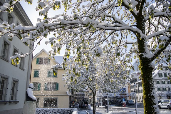 Eine Kaltfront verzaubert die Landschaft und Doerfer in weiten Teilen der Zentralschweiz, wie hier in Stans im Kanton Nidwalden, in der Nacht auf Dienstag, 6. April 2021 in eine Schneelandschaft. (KEY ...