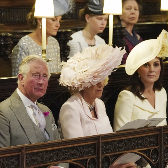 Britain&#039;s Prince William, Prince Charles, Camilla, the Duchess of Cornwall, Kate, Duchess of Cambridge, the Duke of York, Princess Beatrice and Princess Eugenie, from let, during the wedding cere ...