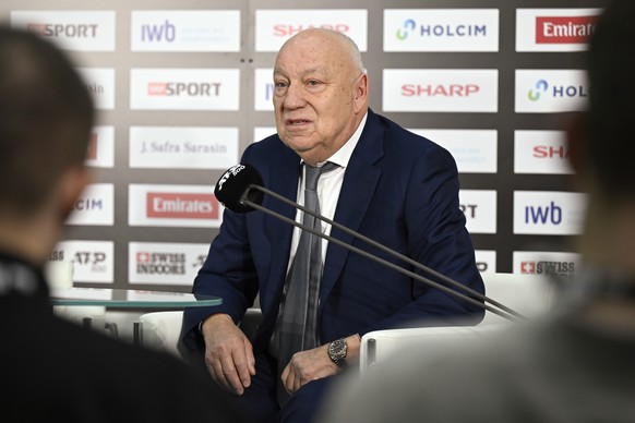 Tournament Director Roger Brennwald speaks during a press conference at the Swiss Indoors tennis tournament at the St. Jakobshalle in Basel, Switzerland, on Sunday, October 26, 2025. (KEYSTONE/Georgio ...