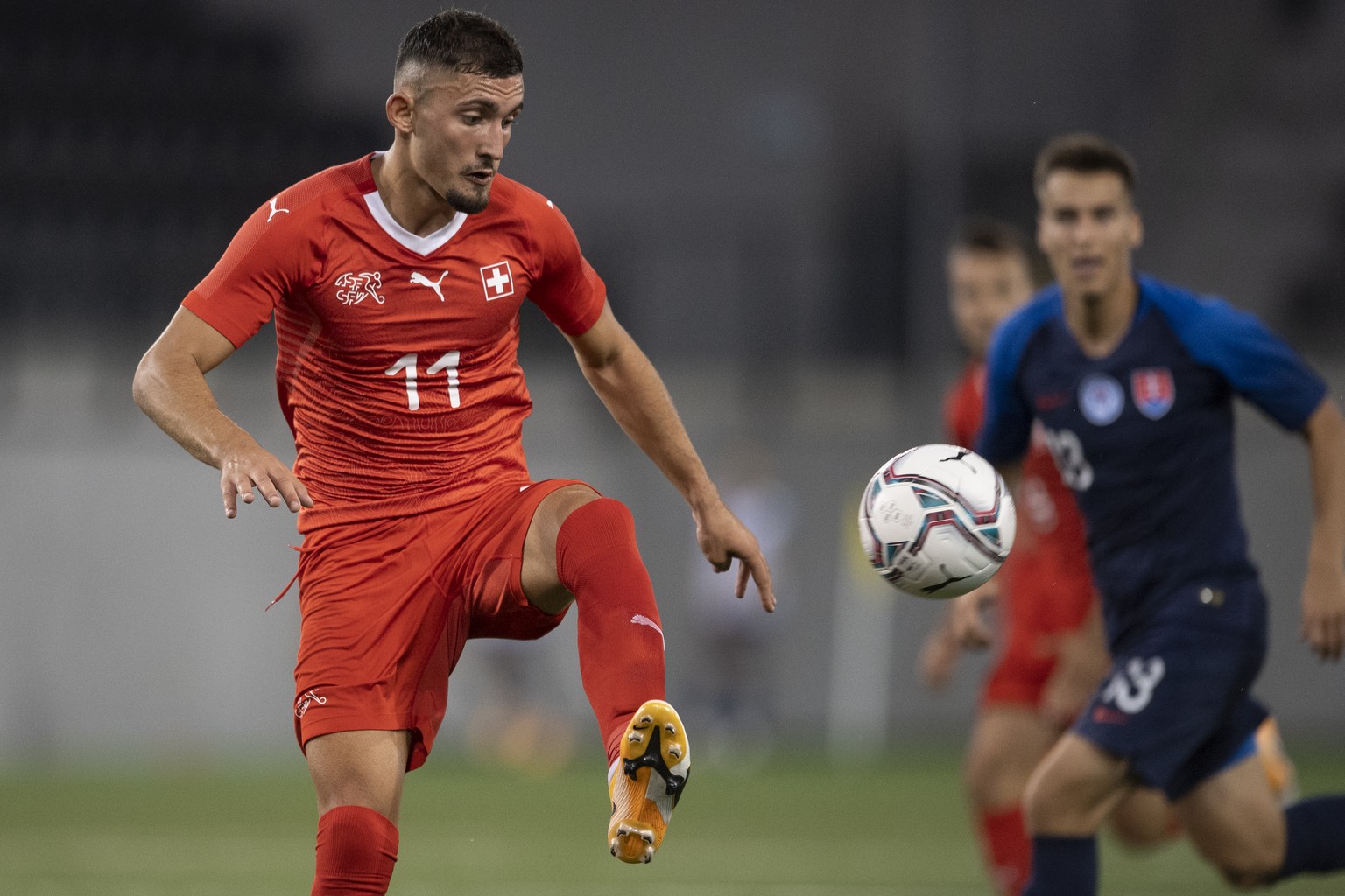 Switzerland&#039;s Andi Zeqiri during a qualification soccer match for the European Under 21 Championship between Switzerland and Slovakia at the Stadium LIPO Park in Schaffhausen, Switzerland, Friday ...