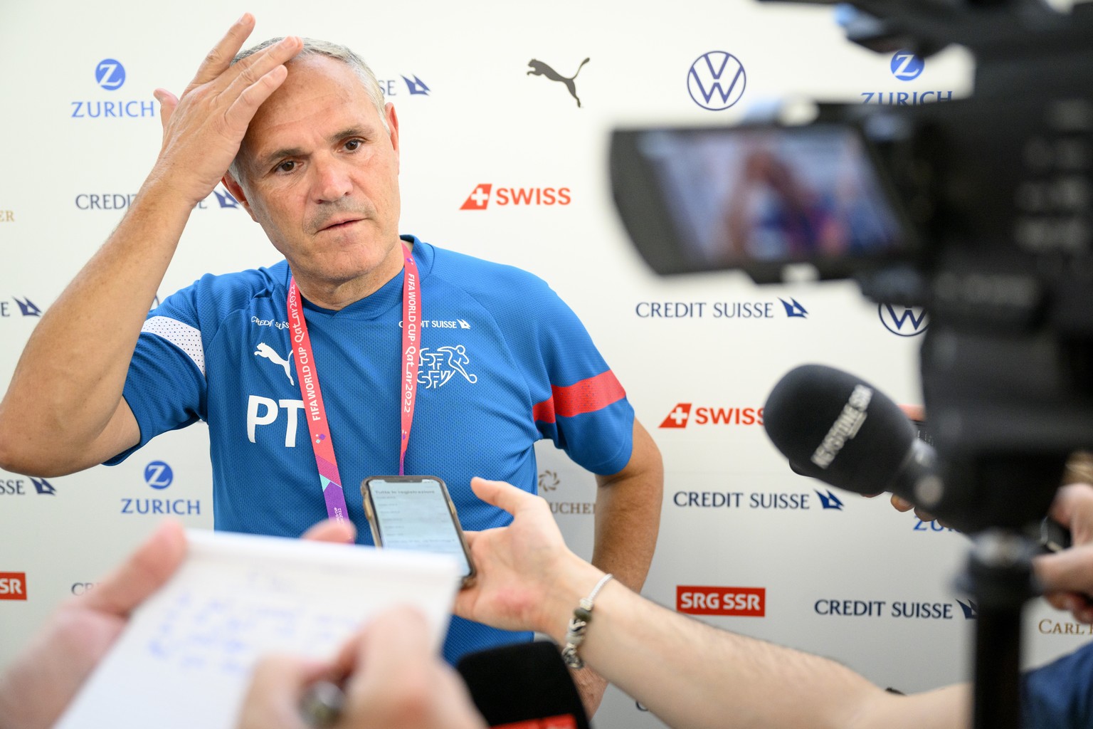 Switzerland&#039;s national soccer teams director Pierluigi Tami speaks with journalists during a mixed zone after a open training session of Swiss national soccer team in preparation for the FIFA Wor ...