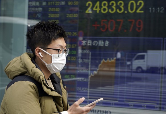 epa08809014 A passerby walks past a stock market indicator board in Tokyo, Japan, 09 November 2020. Tokyo stocks jumped in the morning trading session as the 225-issue Nikkei Stock Average reached a 2 ...