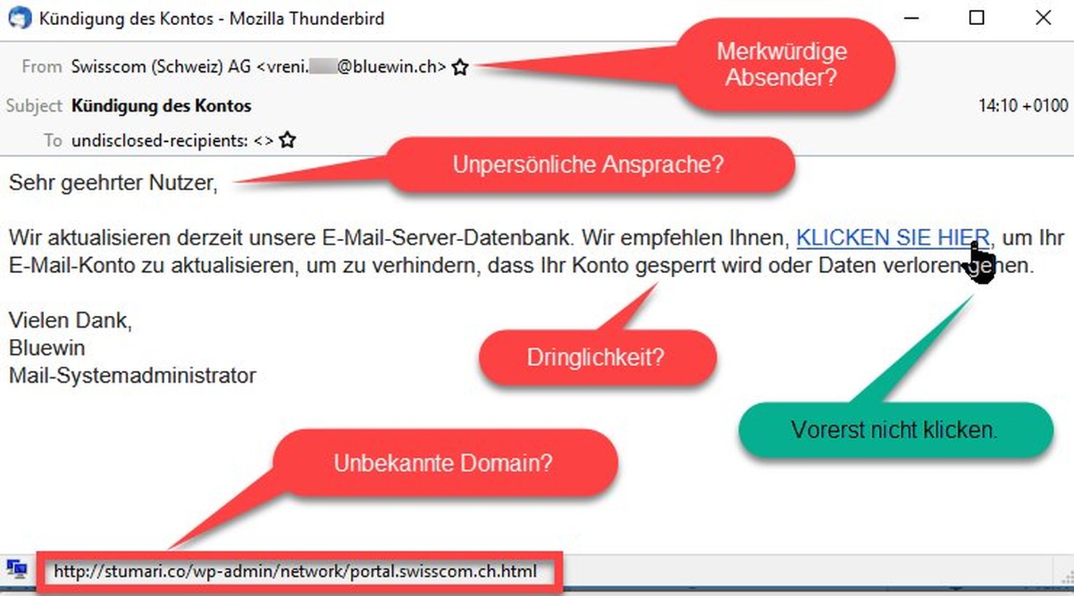 Swisscom zeigt anhand dieser gefälschten E-Mail, woran man betrügerische Phishing-Mails erkennt.