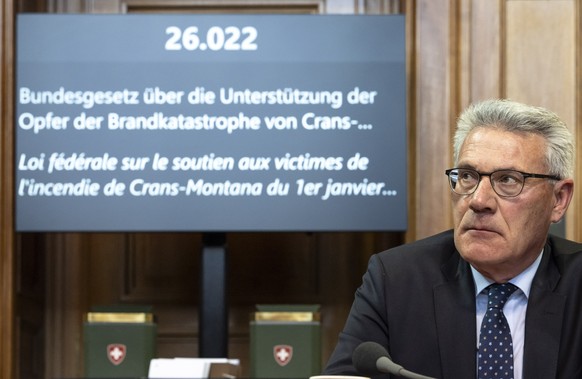Pirmin Schwander, SVP-SZ, waehrend der Debatte um die Unterstuetzung der Opfer der Brandkatastrophe von Crans-Montana vom 1. Januar 2026, der Fruehjahrssession der Eidgenoessischen Raete, am Mittwoch, ...
