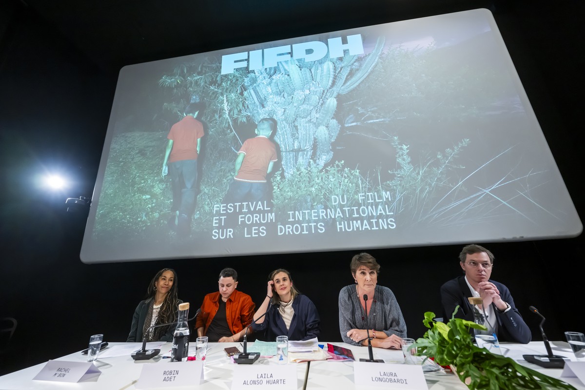 epa11154956 (from L) Rachel M'Bon, member of the International Film Festival and Forum on Human (FIFDH) foundation board, Robin Adet, responsible for the film forum, Laila Alonso Huarte, co-edito ...