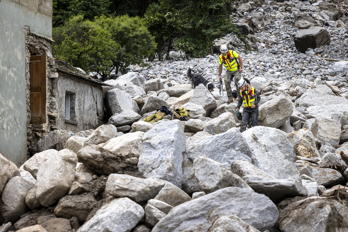 epa11432568 Rescue workers search the debris with a dog at the site of a landslide, caused by severe weather and heavy rain in the Misox valley, in Sorte village, Lostallo, southern Switzerland, 23 Ju ...
