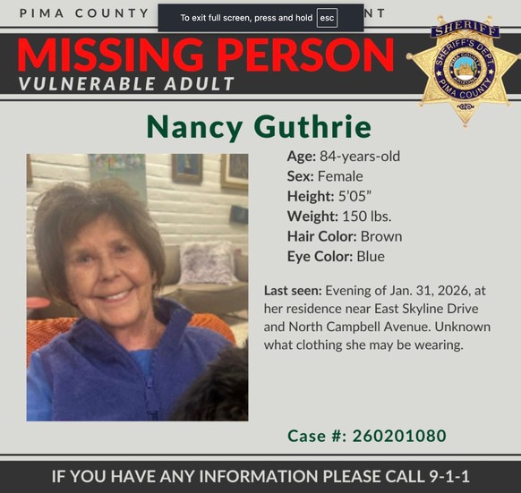 This image provided by the Pima County Sheriffs Department shows a missing person alert for Nancy Guthrie. (Pima County Sheriffs Department via AP)
Savannah Guthrie Mom Missing