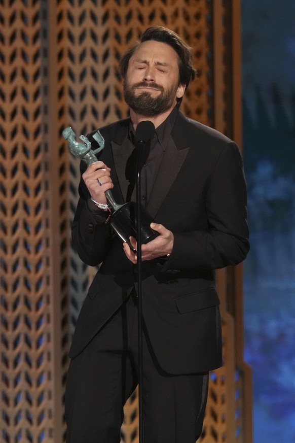 Kieran Culkin accepts the award for outstanding performance by a male actor in a supporting role for "A Real Pain" during the 31st annual Screen Actors Guild Awards on Sunday, Feb. 23, 2025, ...