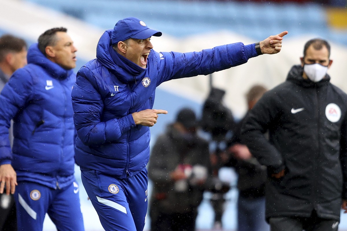 Chelsea's head coach Thomas Tuchel shouts during the English Premier League soccer match between Aston Villa and Chelsea, at Villa Park stadium in Birmingham England, Sunday, May 23, 2021. (Richa ...