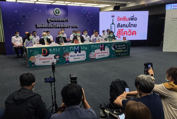 epa09069102 Health officials hold a press conference on the COVID-19 vaccination programme in Bangkok, Thailand, 12 March 2021. Health officials said the rollout of the AstraZeneca vaccine would be de ...