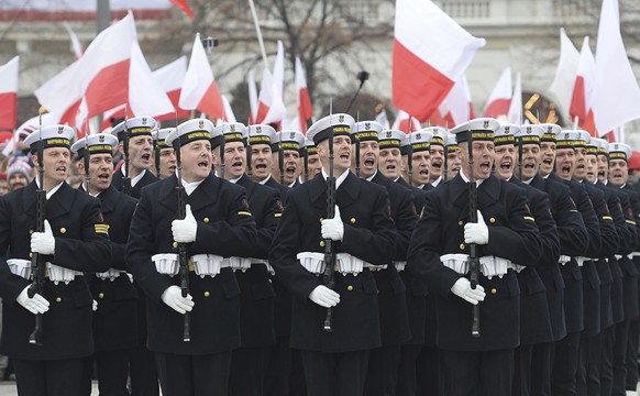 Polish Army soldiers salute during the official ceremony marking Poland&#039;s Independence Day, in Warsaw, Poland, Sunday, Nov. 11, 2018. The Independence Day in Poland celebrates the nation regainin ...