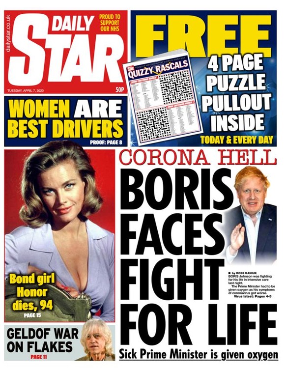Britische Zeitungen am Tag, nach dem Premierminister Boris Johnson auf die Intensivstation verlegt wurde.