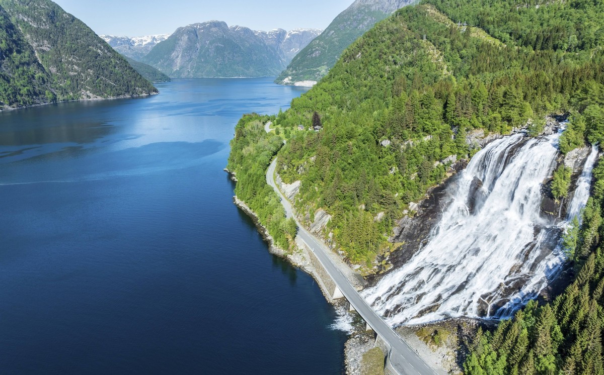 Waterfall Furebergsfossen at the Hardangerfjord, near Aenes, aerial view, Hardanger, Norway, Europe *** Waterfall Furebergsfossen AT The Hardangerfjord, Near Aenes, Aerial view, Hardanger, Norway, Eur ...