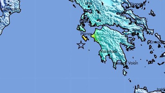 epa07120363 A handout photo made available by the United States Geological Survey shows a intensity map detailing the location of a 6.8 magnitude earthquake which struck at 01:54 am local time at a de ...