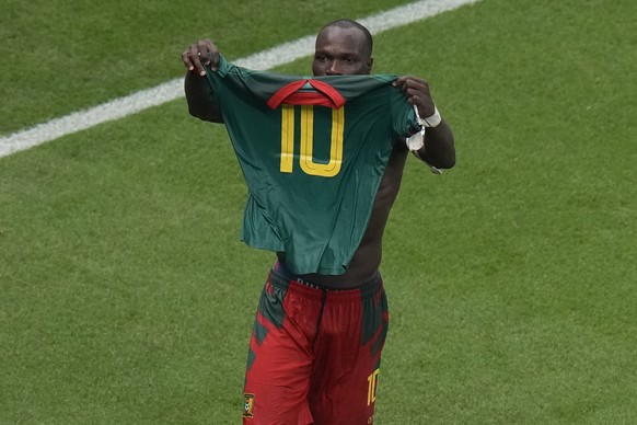 Cameroon&#039;s Vincent Aboubakar celebrates after scoring his side&#039;s opening goal during the World Cup group G soccer match between Cameroon and Brazil, at the Lusail Stadium in Lusail, Qatar, F ...
