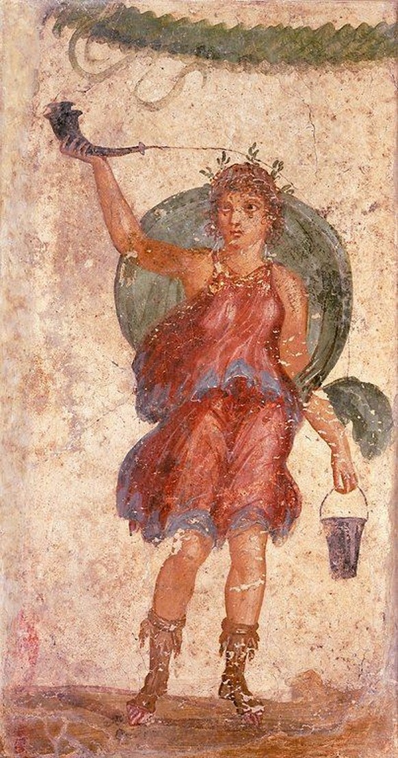 Bacchus oder ein Lare hält ein Trinkgefäss, Detail aus einem Fresco in Pompeji.