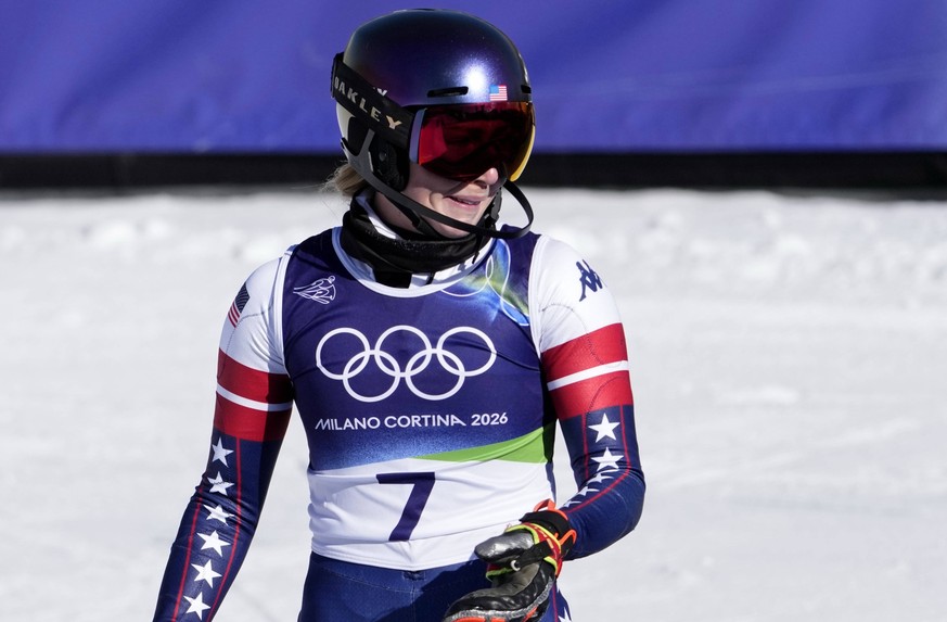 Olympics: Alpine Skiing-Womens Slalom Feb 18, 2026 Cortina d Ampezzo, Italy Mikaela Shiffrin of the United States reacts after winning the gold medal in the women s slalom during the Milano Cortina 20 ...