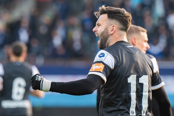 Renato Steffen (LUG), celebrates the 4-1 goal, during the Super League soccer match FC Lugano against FC Zurich, at the Cornaredo Stadium in Lugano, Sunday, November 24, 2024. (KEYSTONE/Ti-Press/Samue ...