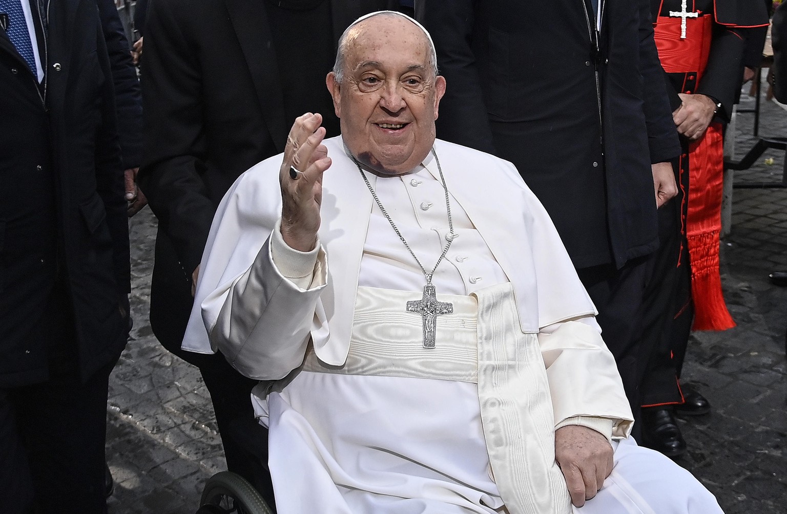 epa11765340 Pope Francis arrives in a wheelchair to attend the Immaculate Conception celebration prayer near the statue of the Blessed Virgin Mary on top of the Column of the Immaculate Conception on  ...
