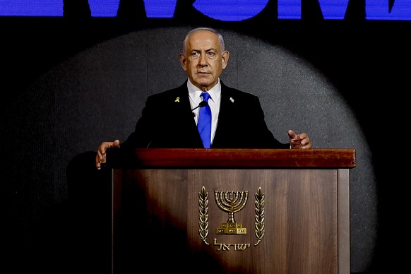 epa12298677 Israeli Prime Minister Benjamin Netanyahu delivers a speech during the U.S. Independence Day reception hosted by Newsmax, at the Waldorf Astoria Hotel in Jerusalem, 13 August 2025. Newsmax ...