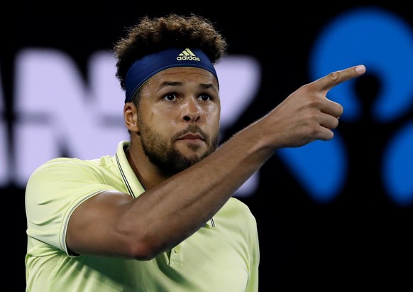 France&#039;s Jo-Wilfried Tsonga gestures as he argues with the chair umpire Jake Garner during his third round match against Australia&#039;s Nick Kyrgios at the Australian Open tennis championships  ...