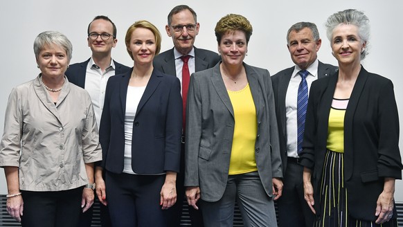 Der neue Zuercher Regierungsrat mit Jacqueline Fehr (SP), Martin Neukom (Gruene), Natalie Rickli (SVP), Mario Fehr (SP), Silvia Steiner (CVP), Ernst Stocker (SVP) und Carmen Walker Spaeh (FDP), vlnr.  ...