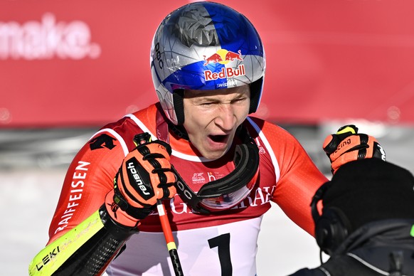 Marco Odermatt of Switzerland reacts after winning the men&#039;s giant slalom race at the 2023 FIS Alpine Skiing World Championships in Courchevel/Meribel, France, Friday, February 17, 2023. (KEYSTON ...