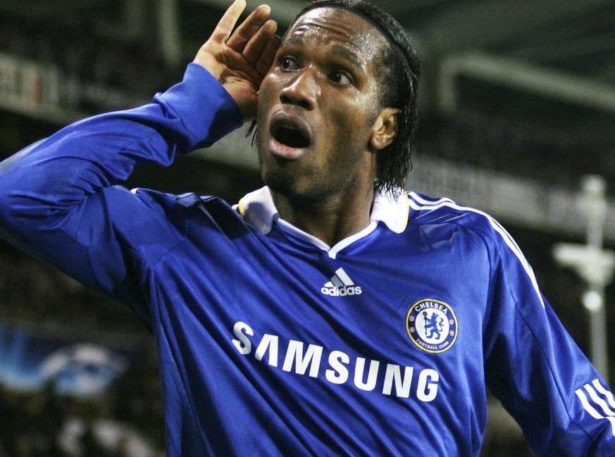 Chelsea's Didier Drogba celebrates after scoring during the Champions League round of 16 second leg soccer match against Juventus in Turin, Italy, Tuesday March 10, 2009. (AP Photo/Massimo Pinca)