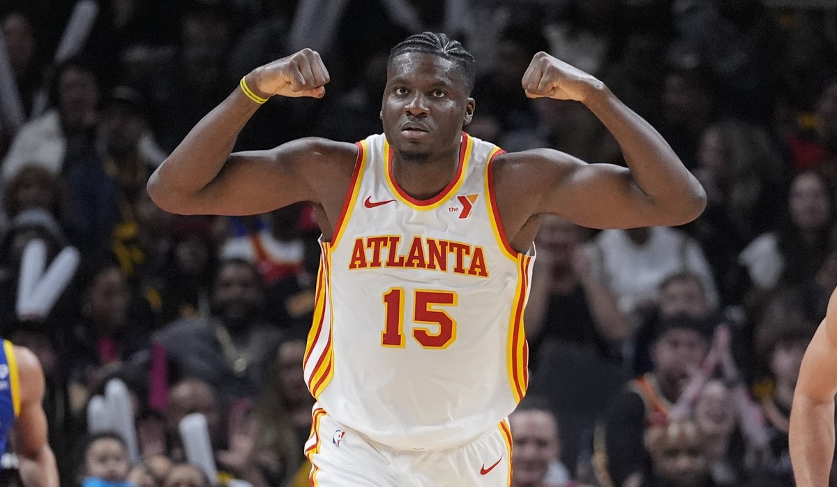 Atlanta Hawks center Clint Capela (15) react after scoring in the first half of an NBA basketball game against the Golden State Warriors Saturday, Feb. 3, 2024, in Atlanta. (AP Photo/John Bazemore)
Cl ...