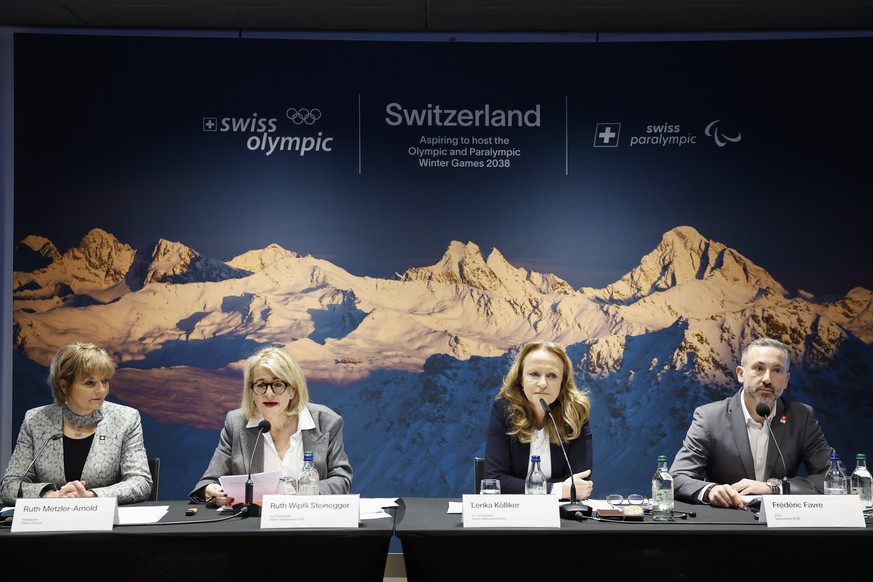 KEYPIX - Ruth Metzler-Arnold, Praesidentin Swiss Olympic, Ruth Wipfli Steinegger, Co-Praesidentin Switzerland 2038, Lenka Koelliker, Co-Praesidentin Switzerland 2038, und Frederic Favre, CEO Switzerla ...