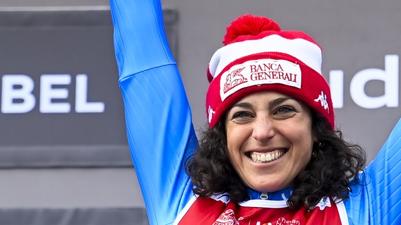 Winner Federica Brignone of Italy celebrates on the podium ceremony after the second run of the women&#039;s Giant-Slalom race at the FIS Alpine Skiing World Cup finals in Meribel, France, Sunday, Mar ...