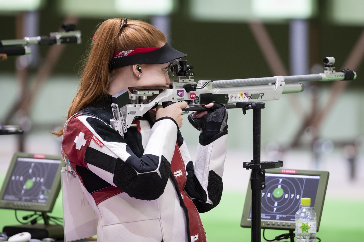 Nina Christen of Switzerland during the women's shooting 10m air rifle qualification at the 2020 Tokyo Summer Olympics in Tokyo, Japan, on Saturday, July 24, 2021. (KEYSTONE/Peter Klaunzer)