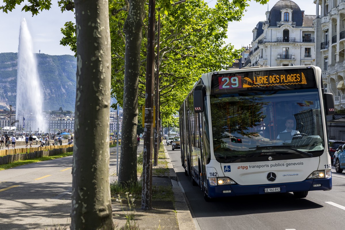 Un bus de la nouvelle ligne des Transports publics genevois (TPG) 29 "Ligne des plages" est photographie, ce samedi 31 mai 2025 a Geneve. Une nouvelle ligne de bus des TPG dessert les plages ...