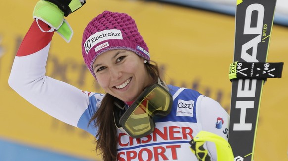 Nov 27, 2016; Killington, VT, USA; Wendy Holdener of Switzerland reacts after the second run in the women&#039;s slalom race in the FIS alpine skiing World Cup at Killington Resort. Mandatory Credit:  ...