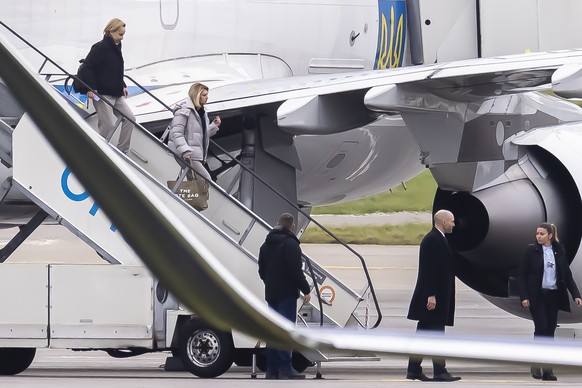 First Lady of Ukraine Olena Zelenska, 2nd left, arrives at the airport in Zurich, Switzerland, on Monday, January 16, 2023. First Lady Zelenska is expected to attend the 52nd annual meeting of the Wor ...
