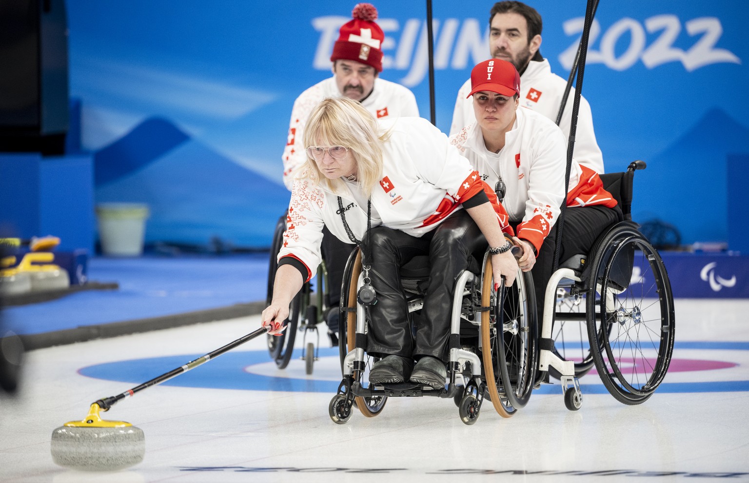 Francoise Jaquerod of Switzerland&#039;s curling team during a training session at the National Aquatics Centre in Beijing on Friday, 4 March 2022, just a day before the start of the Beijing 2022 Para ...