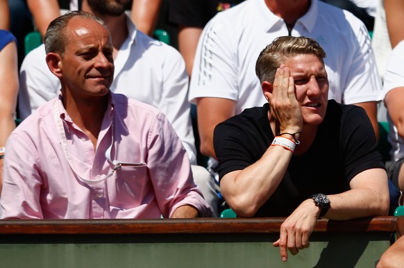 PARIS, FRANCE - JUNE 04: Bastian Schweinsteiger (R) watches Ana Ivanovic of Serbia in her Women&#039;s Semi final match against Lucie Safarova of Czech Repbulic on day twelve of the 2015 French Open a ...