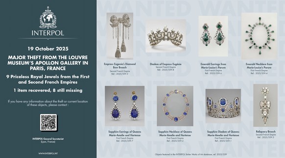 FILE - This photo provided Thursday Oct. 23, 2025 by Interpol and taken from its website shows the jewels stolen in the Louvre museum on Sunday Oct. 19, 2025 in Paris. (Interpol via AP, File)
France L ...
