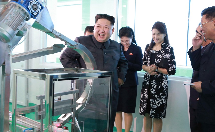 In this undated photo provided Sunday, Oct. 29, 2017, by the North Korean government, North Korean leader Kim Jong Un, center, visits a cosmetics factory in Pyongyang, North Korea. At second from righ ...