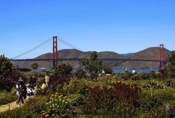 The Golden Gate Bridge can be seen near the Presidio Visitors Center in the Presidio in San Francisco, Thursday, Feb. 20, 2025. (Yalonda M. James/San Francisco Chronicle via AP)
