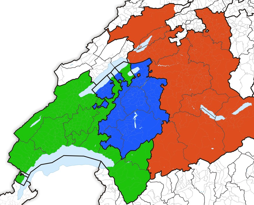 Der Grenzverlauf zwischen den Kantonen Waadt (grün) und Fribourg (blau) ist besonders komplizert.&nbsp;