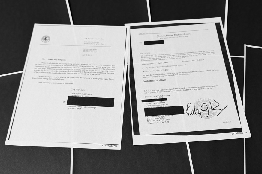 Pages that show New York grand jury subpoenas being issued into the Jeffrey Epstein and Ghislaine Maxwell investigation, then pages of redactions that follow, in this document released by the U.S. Jus ...