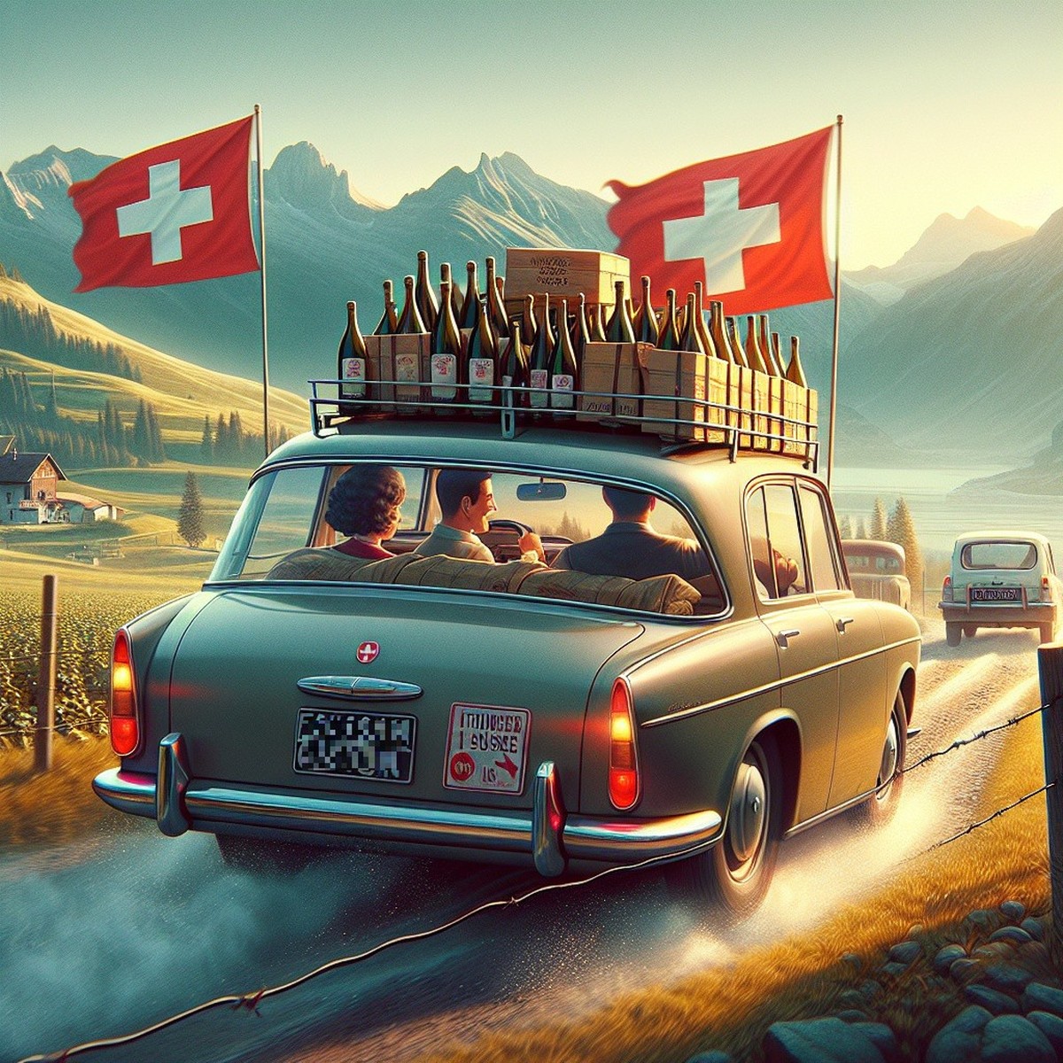 The Swiss family drives a car full of wine past the Italian customs. There's a Swiss flag on the car