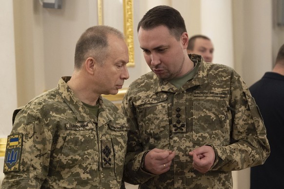 In this photo provided by the Ukrainian Presidential Press Office, Ukrainian President newly appointed Commander-in-Chief of Ukraine&#039;s Armed Forces Oleksandr Syrsky, left, and Gen. Kyrylo Budanov ...