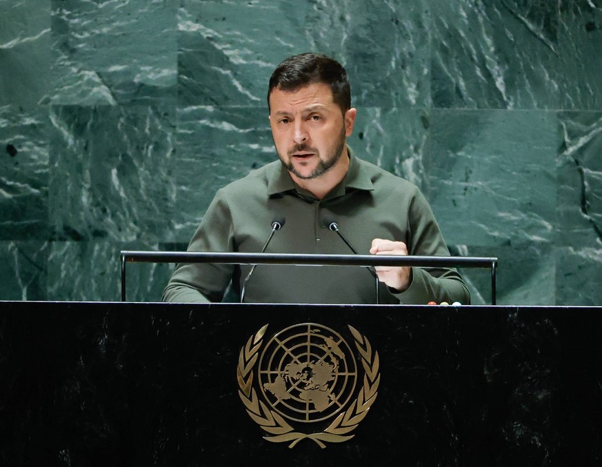 President of Ukraine Volodymyr Zelenskyy speaks at the UN General Assembly 78th session General Debate in UN General Assembly Hall at the United Nations Headquarters on Tuesday, September 19, 2023 in  ...