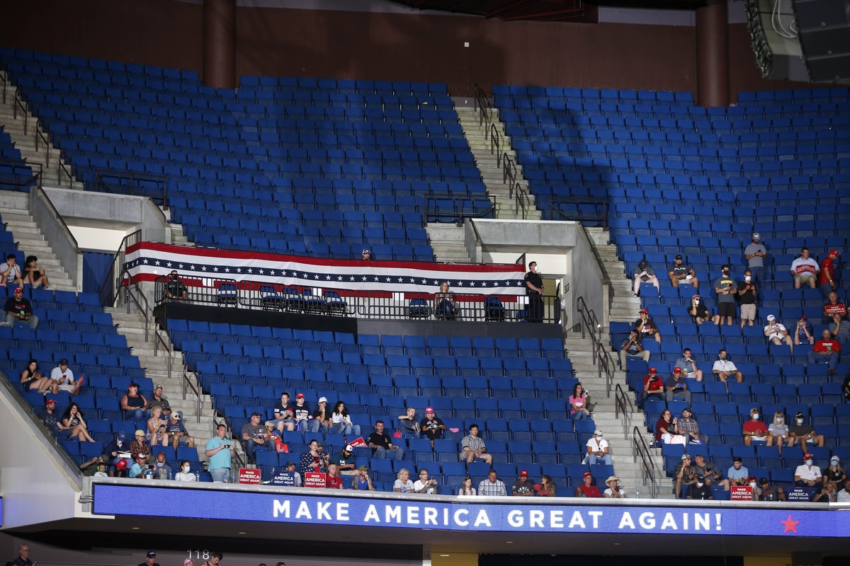Empty seats are visible in the upper level at a campaign rally for President Donald Trump at BOK Center in downtown Tulsa, Okla., Saturday, June 20, 2020. (Matt Barnard/Tulsa World via AP)