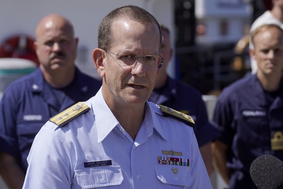 United States Coast Guard Vice Adm.  John Mauger, Commander of the First Coast Guard District, speaks to the media, Thursday, June 22, 2023, at Coast Guard Base Boston, in Boston.  The missing submarine Titan i...