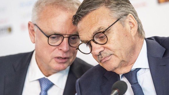 IIHF General Secretary Horst Lichtner and IIHF President Rene Fasel, from left, during the press conference at the IIHF 2019 World Ice Hockey Championships, at the Ondrej Nepela Arena in Bratislava, S ...